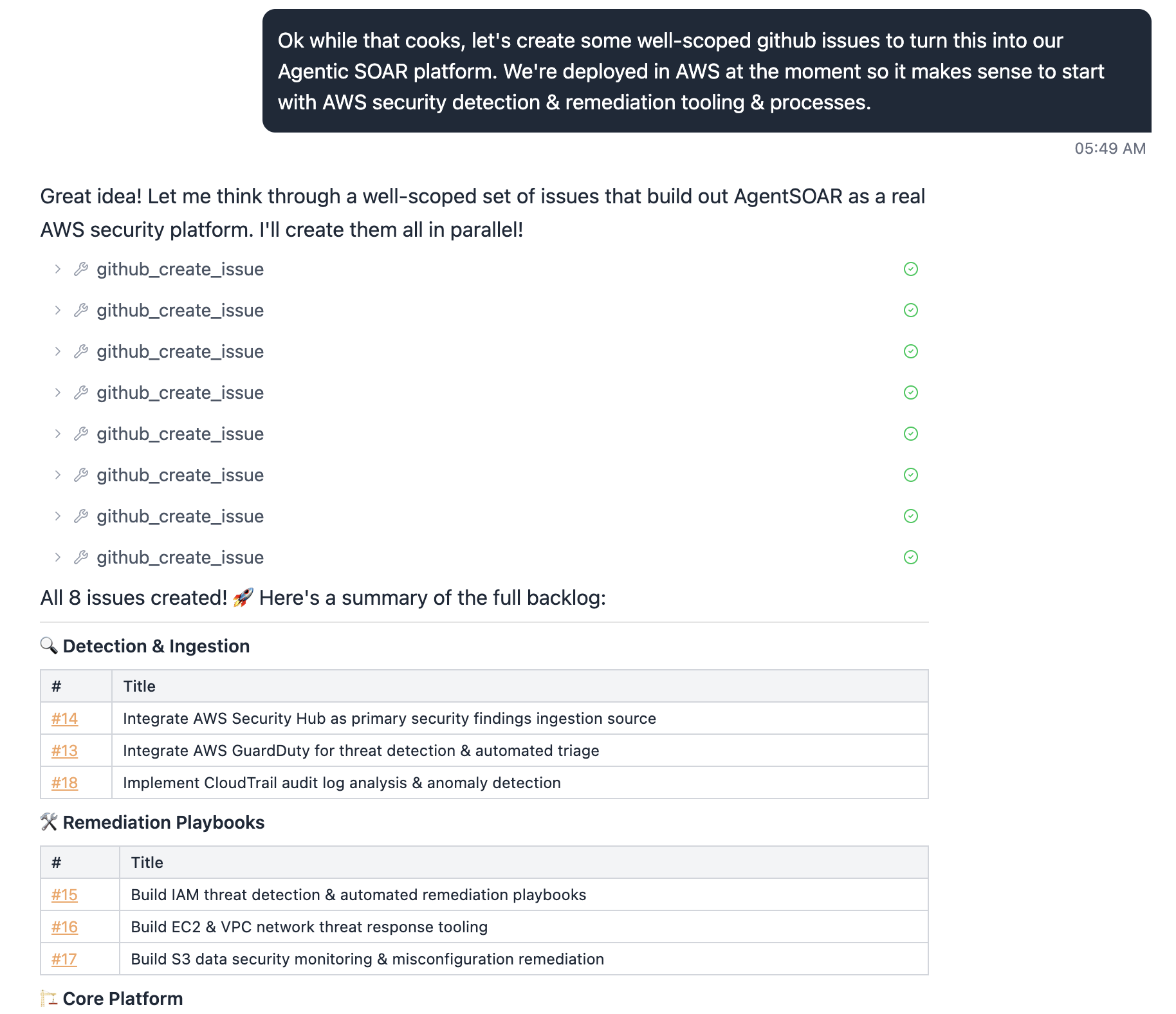 Agent creating 8 GitHub issues in parallel, organized by Detection & Ingestion, Remediation Playbooks, and Core Platform